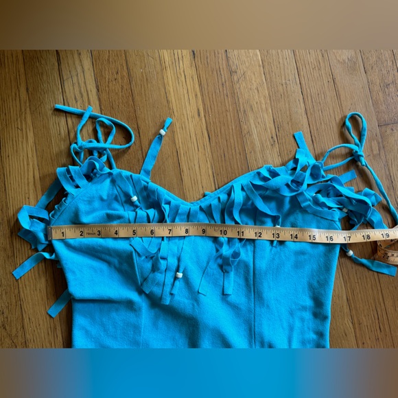 80s Vintage Fredricks of Hollywood Blue Ultra-Suede Fringe Dress - Picture 9 of 10